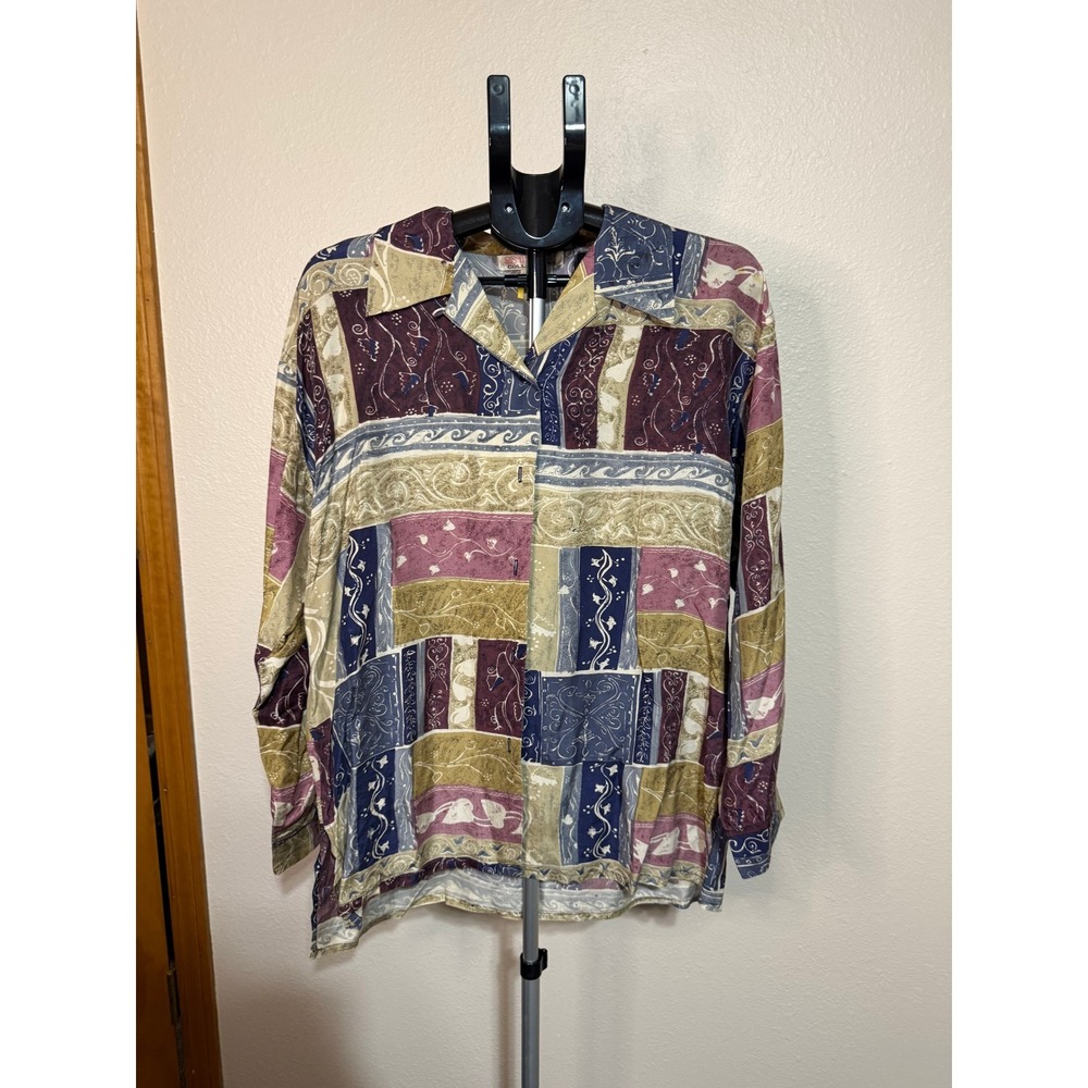 Stunt Collections Vintage 100% Silk Abstract Patchwork Button Down Shirt Large‎